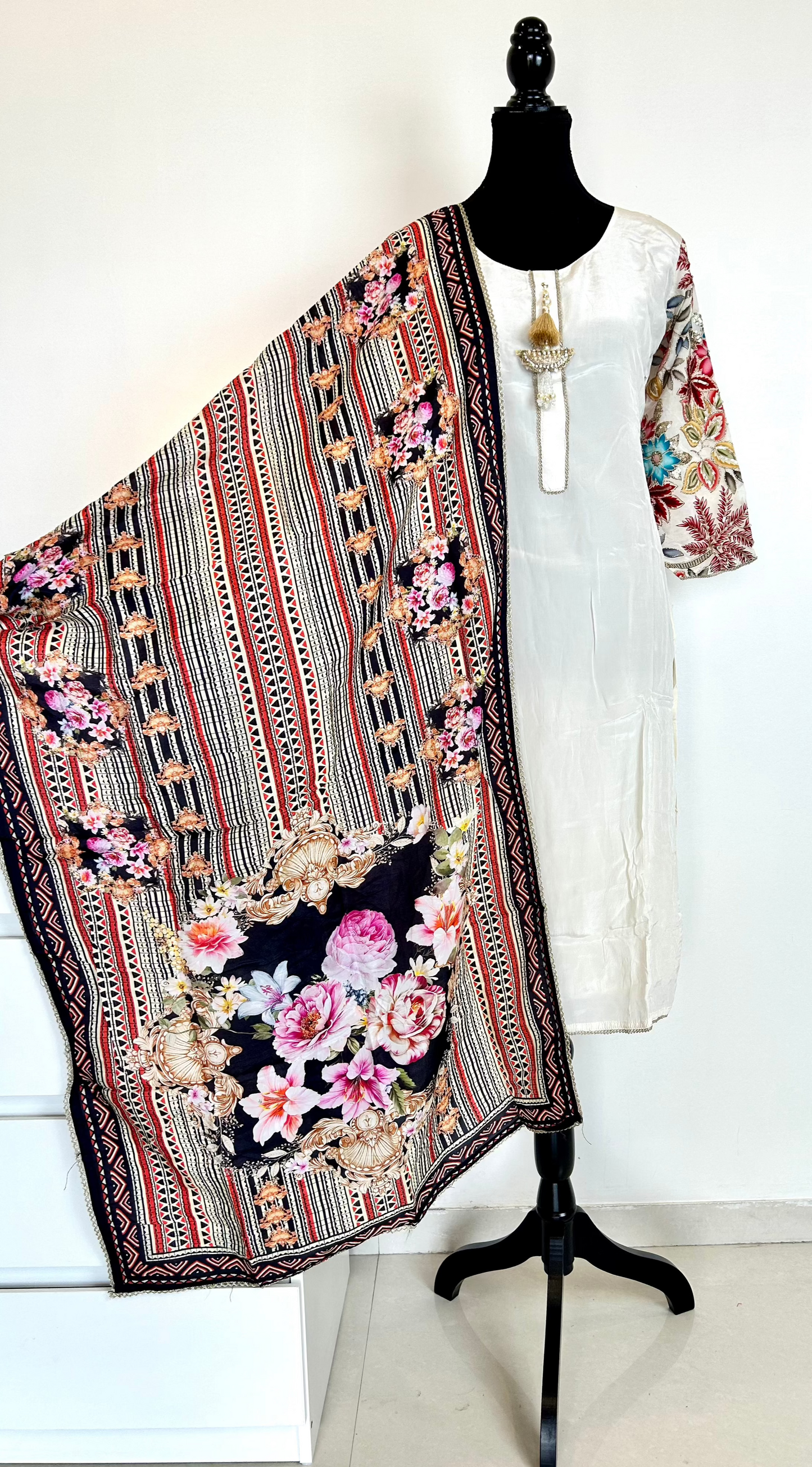 White Kurta With Printed Dupatta