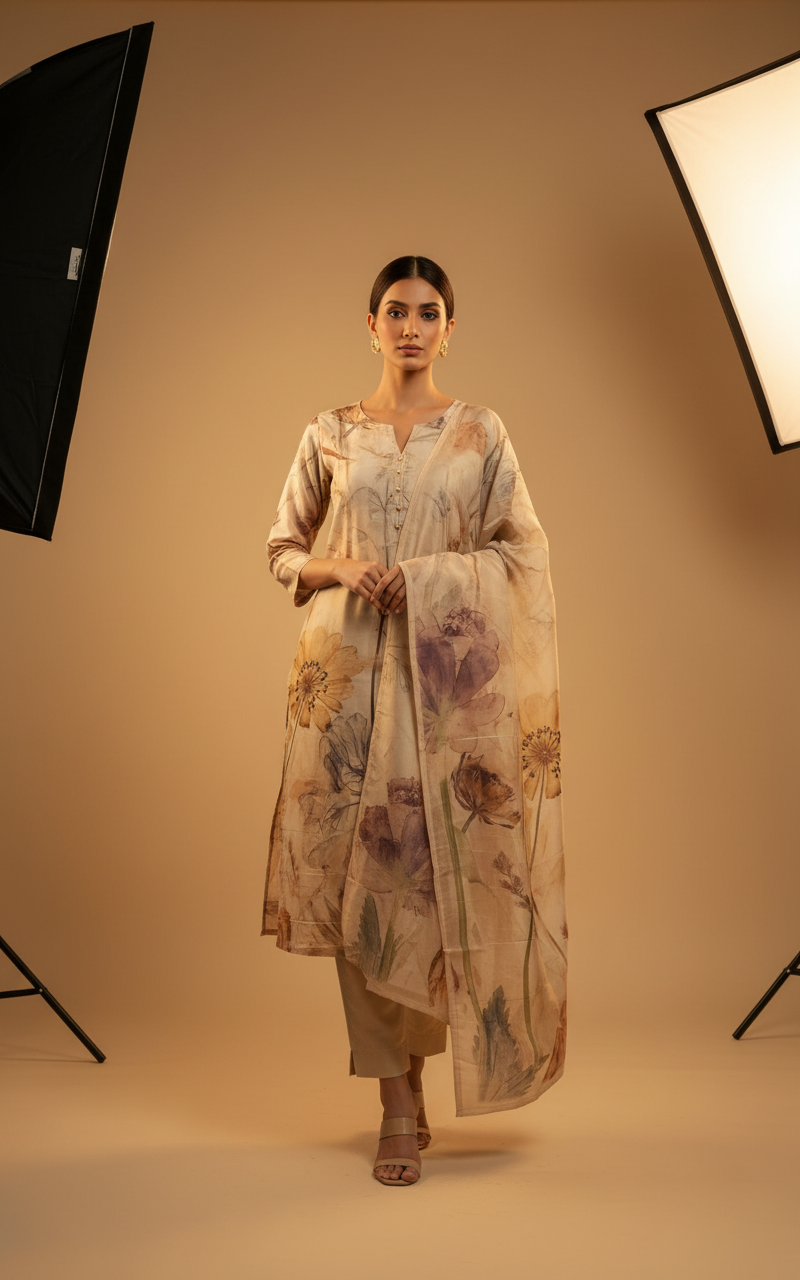 Beige Digital Print Kurta set