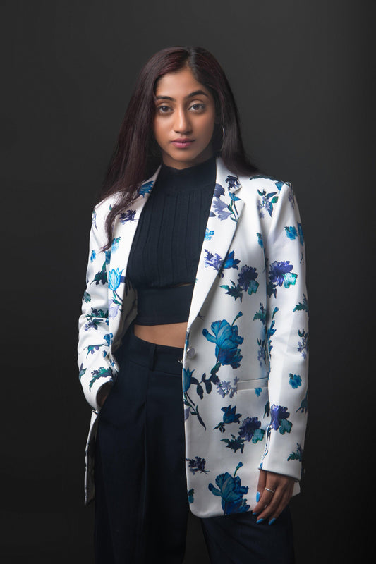 White & Blue Floral Blazer - Kiera's Closet