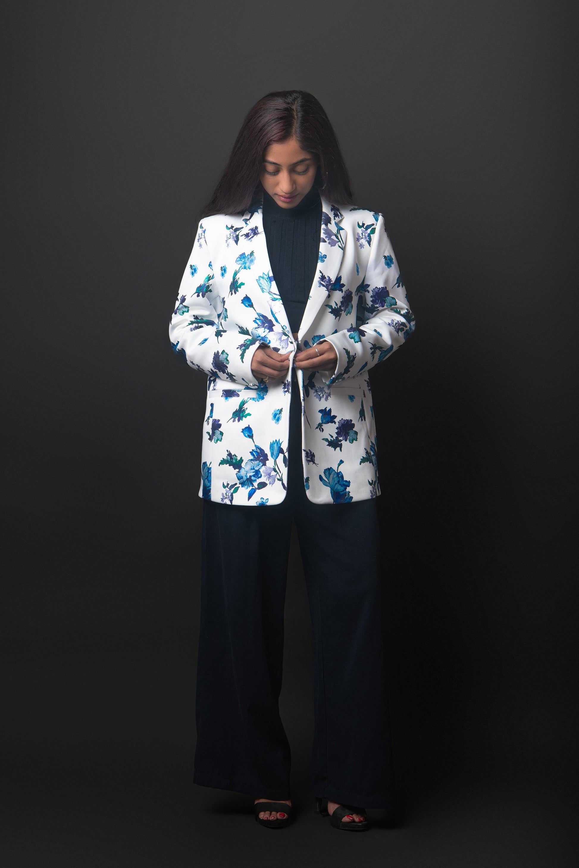 White & Blue Floral Blazer - Kiera's Closet