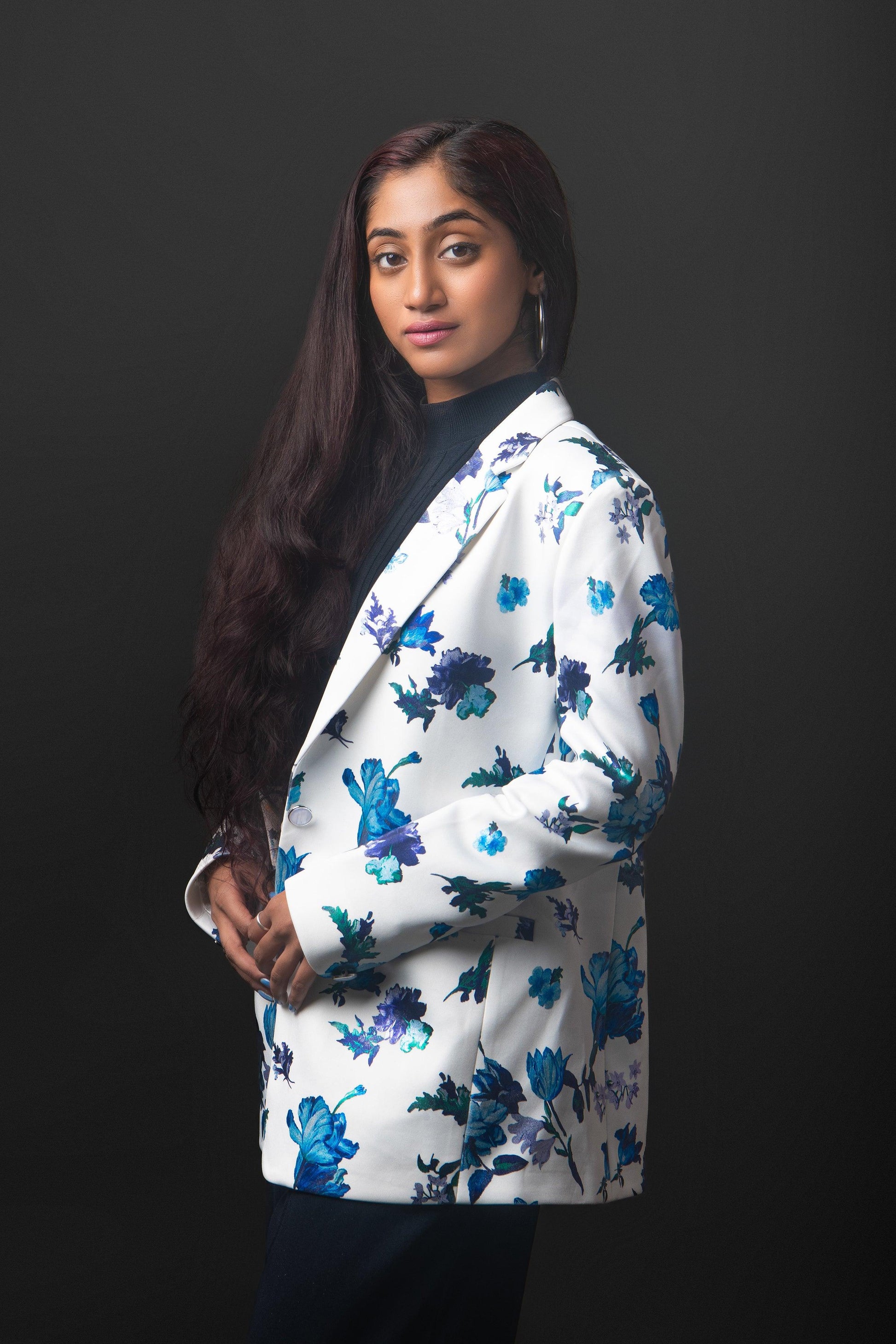 White & Blue Floral Blazer - Kiera's Closet