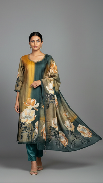 Green and Mustard Digital Print Kurta set