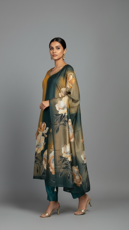 Green and Mustard Digital Print Kurta set