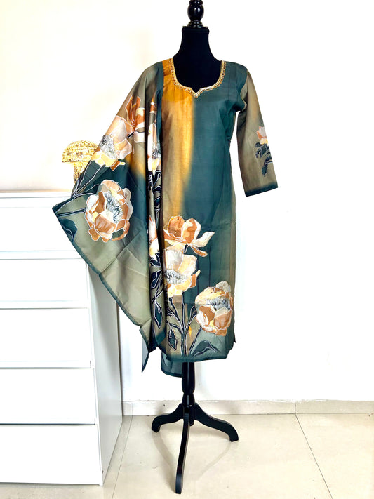 Green and Mustard Digital Print Kurta set