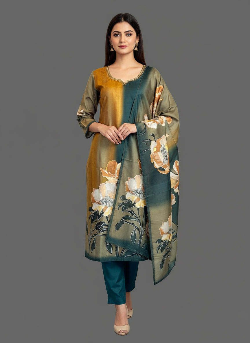 Green and Mustard Digital Print Kurta set