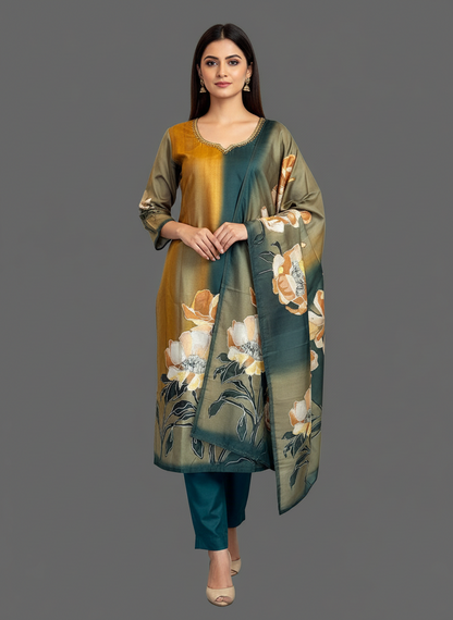 Green and Mustard Digital Print Kurta set