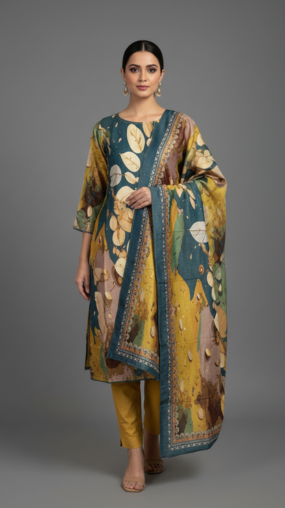 Green and yellow kurta set