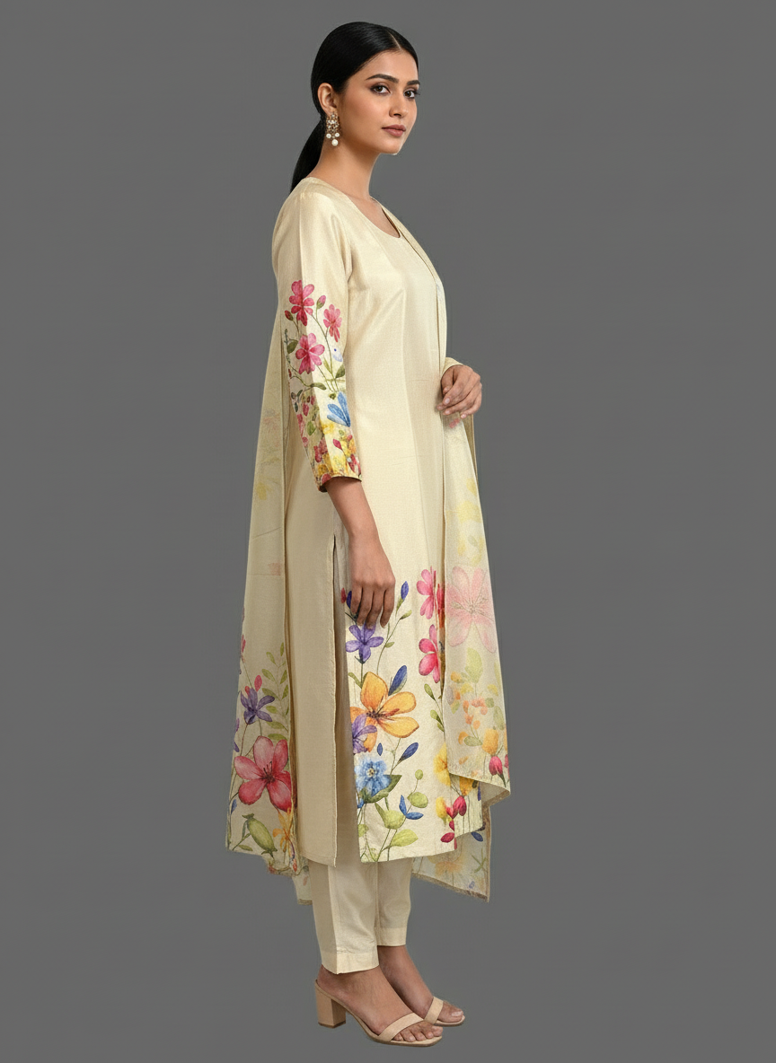 Beige Digital Print Kurta Set