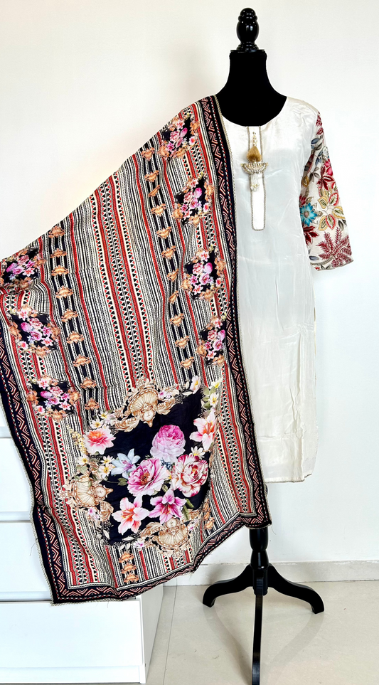 White Kurta With Printed Dupatta