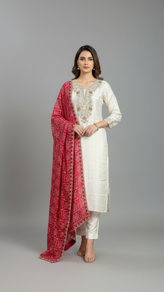 Off White Kurta With Pink Bandhani Dupatta