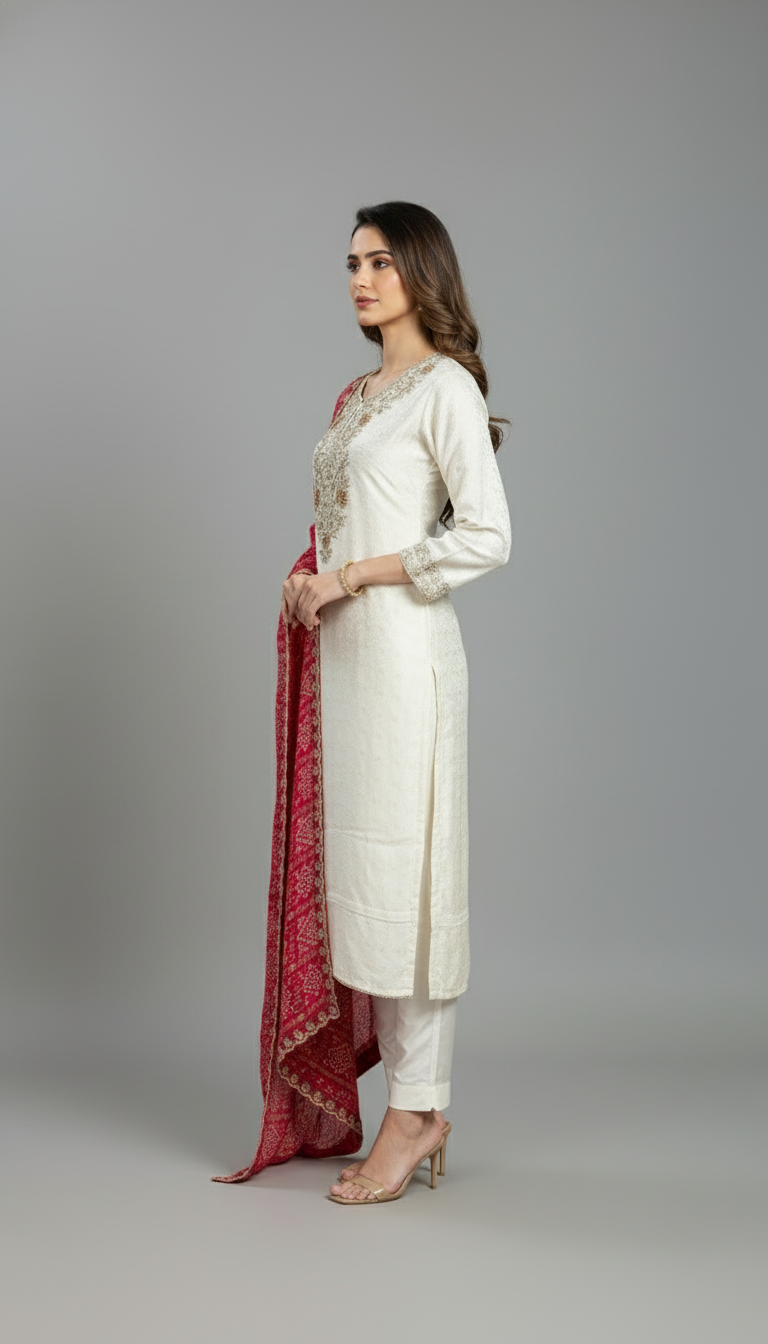Off White Kurta With Pink Bandhani Dupatta