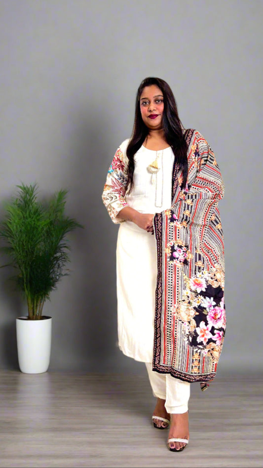 White Kurta With Printed Dupatta