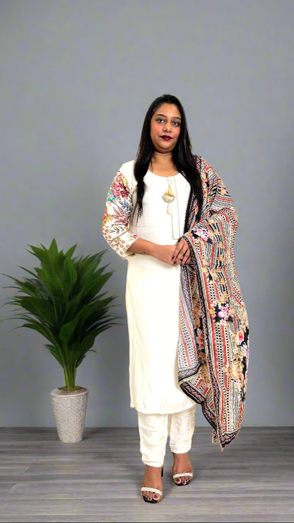 White Kurta With Printed Dupatta
